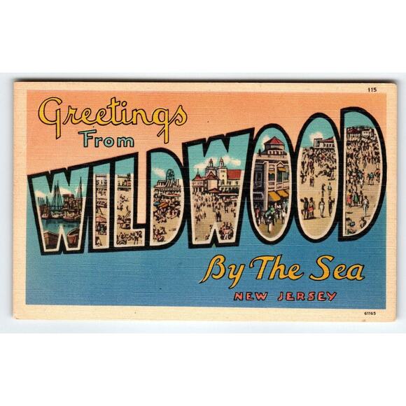 Greetings From Wildwood By The Sea New Jersey Linen Large Big Letter Postcard - Picture 1 of 2